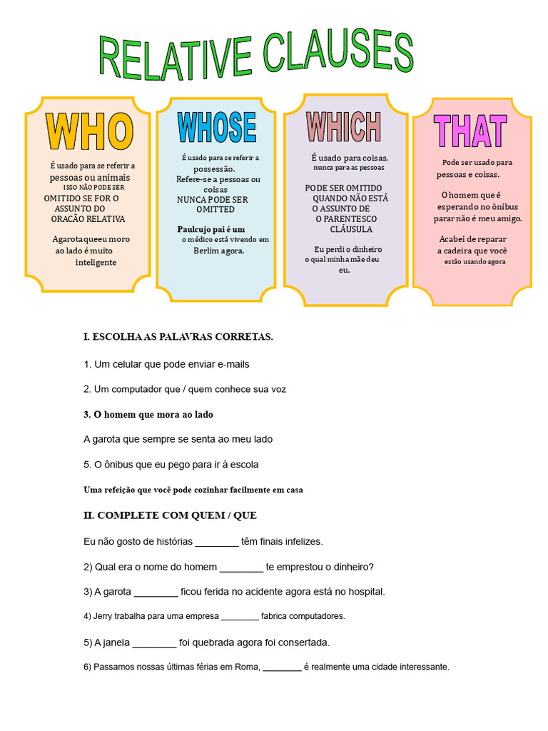 Pronomes Relativos em Inglês: Exercícios e Exemplos | PDF | Pronome