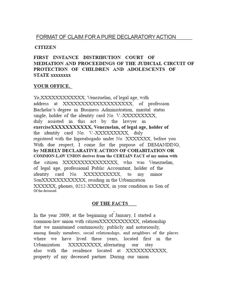 Declaratory Action Format for Cohabitation | PDF | Common Law ...