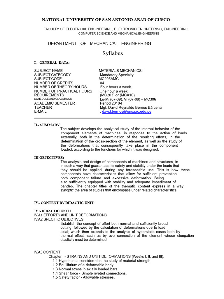 Mechanics of Materials Syllabus | PDF | Bending | Stress (Mechanics)