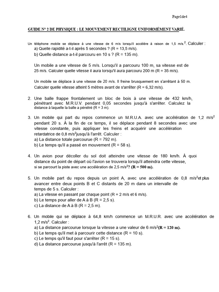 Guide sur le mouvement rectiligne varié | PDF | Accélération | Vitesse