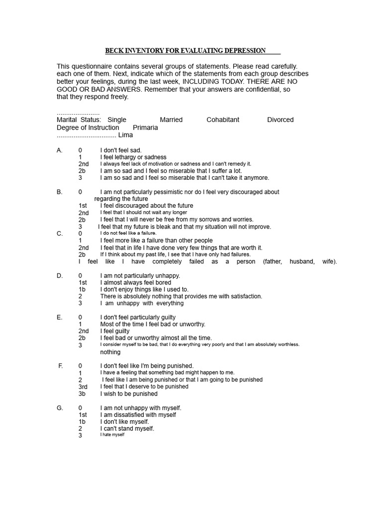 Beck Depression Inventory Questionnaire | PDF | Major Depressive ...