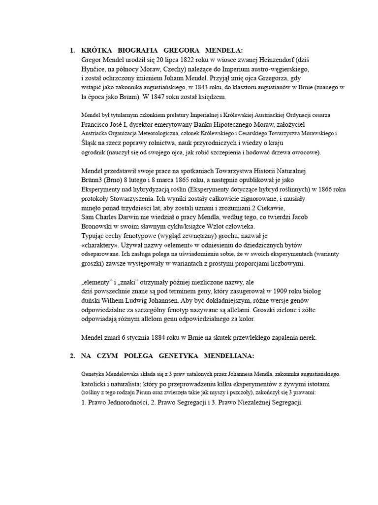 Krótka Biografia Gregora Mendela | PDF