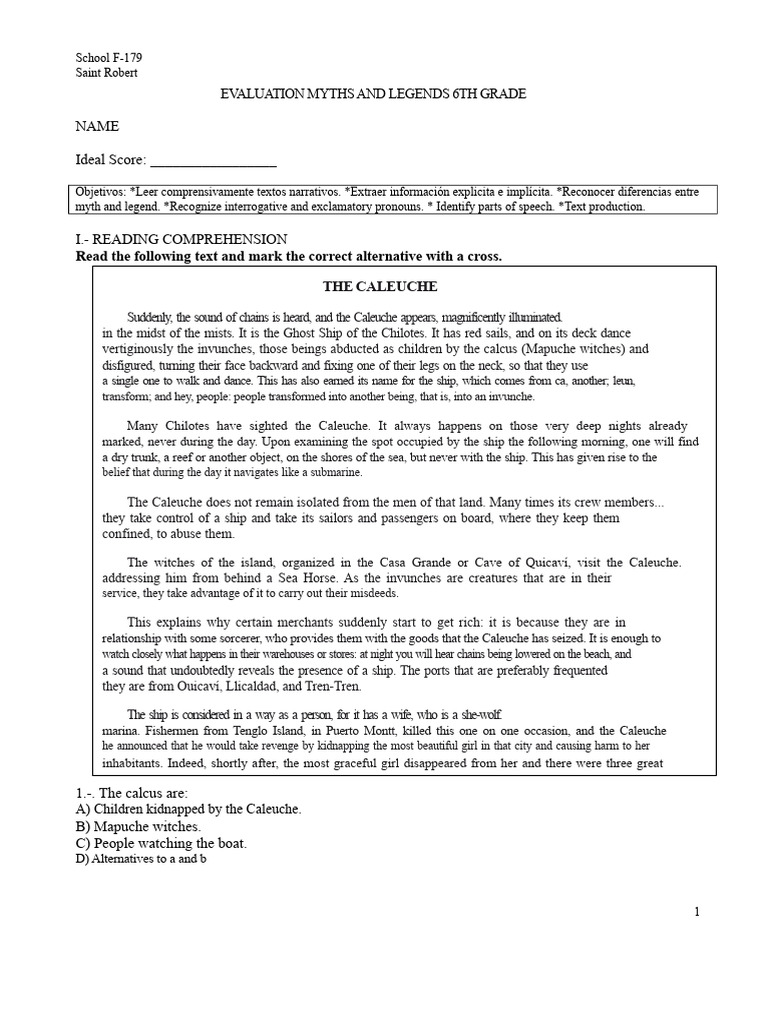 6th Grade Myths and Legends Evaluation | PDF