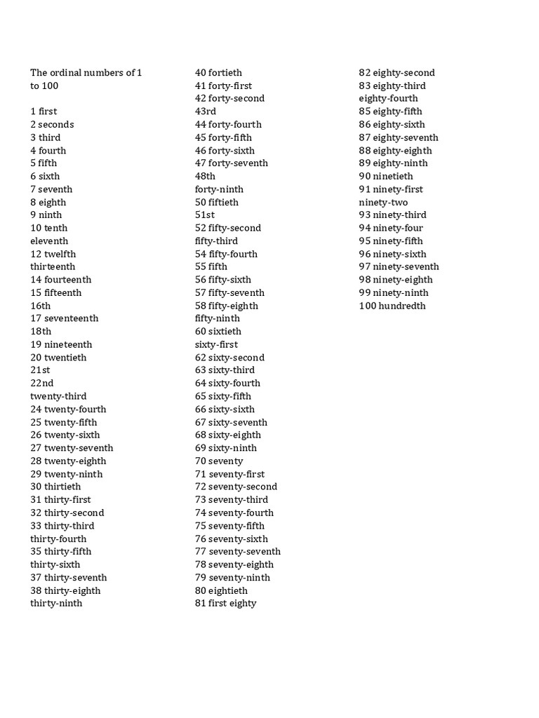 Ordinal Numbers 1 to 100 Guide | PDF