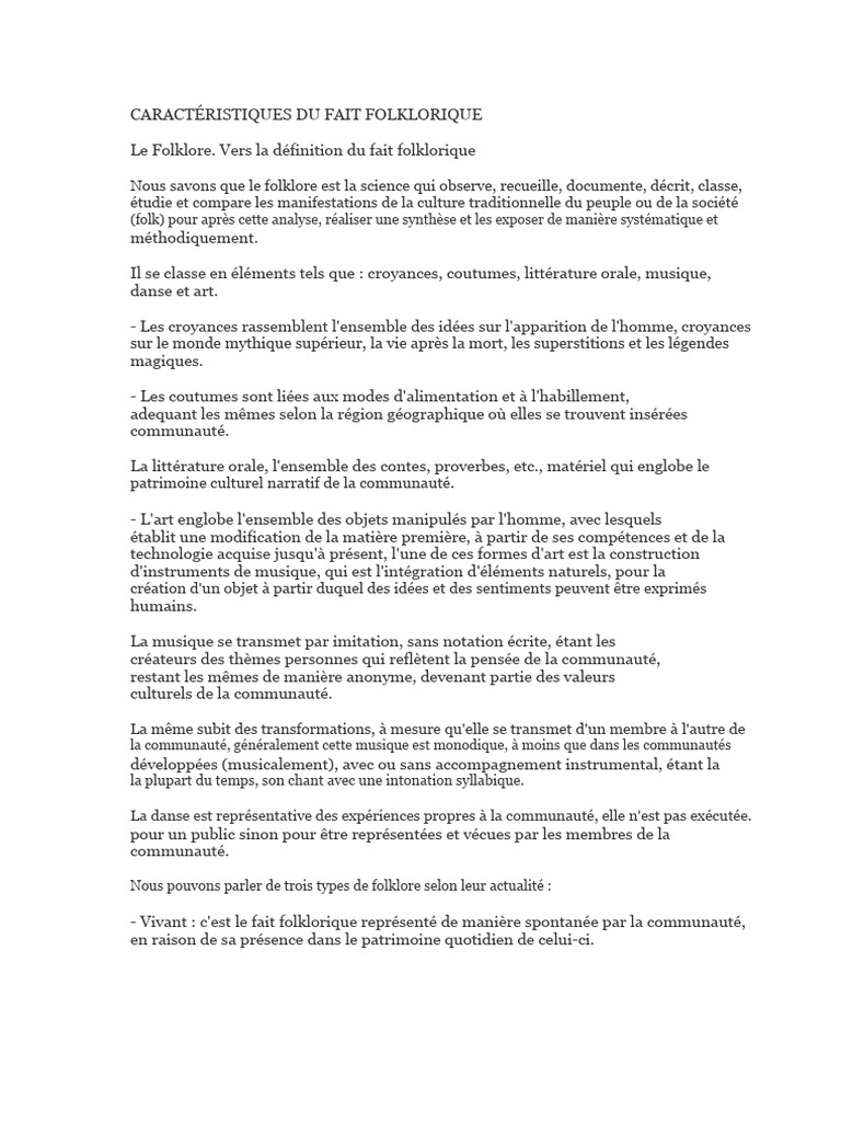 Caractéristiques du Fait Folklorique | PDF | Folklore | Tradition orale