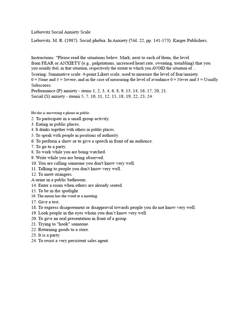 Liebowitz Social Anxiety Scale Overview | PDF