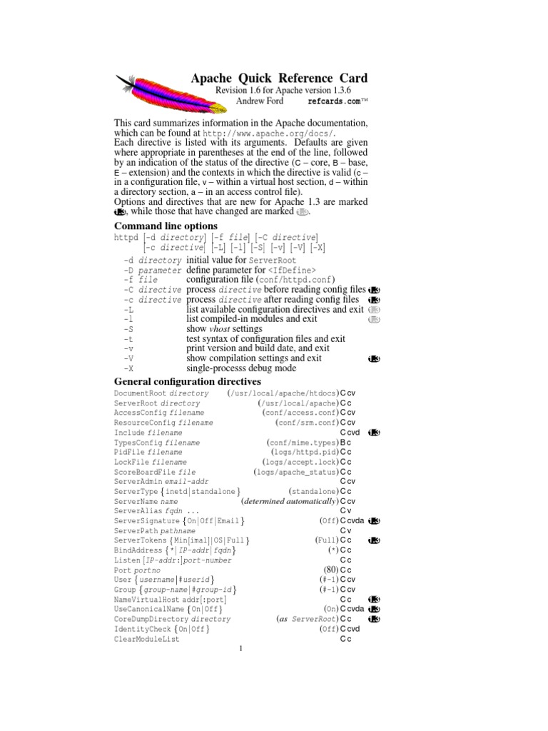 Apache Quick Reference Card: Command Line Options | PDF | Internet ...