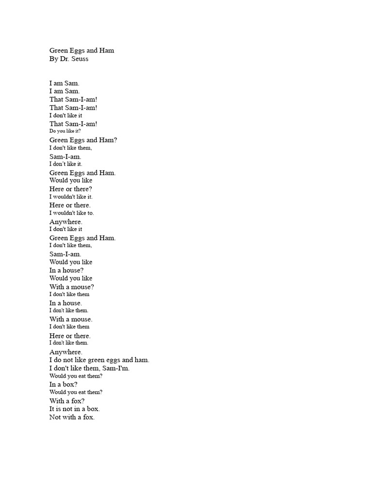 Green Eggs and Ham Poem Text | PDF