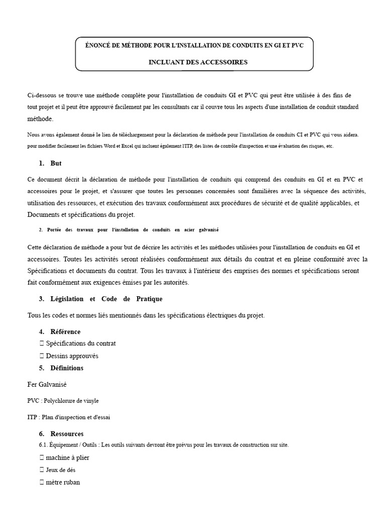 Déclaration de Méthode Pour L'installation de Conduits GI Et PVC y ...