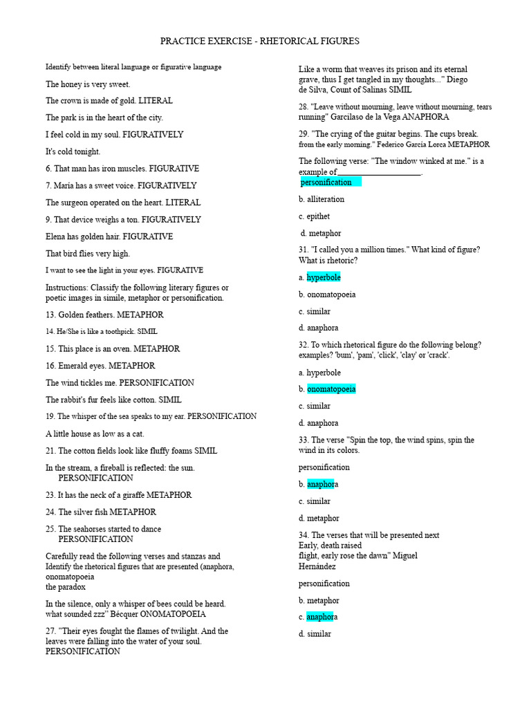 Rhetorical Figures Practice Exercise | PDF | Metaphor