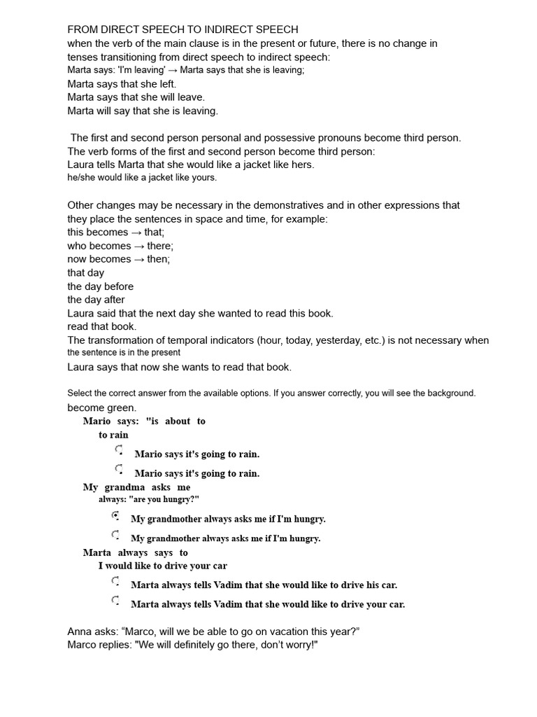 Direct to Indirect Speech Guide | PDF | Semantic Units | Linguistic ...