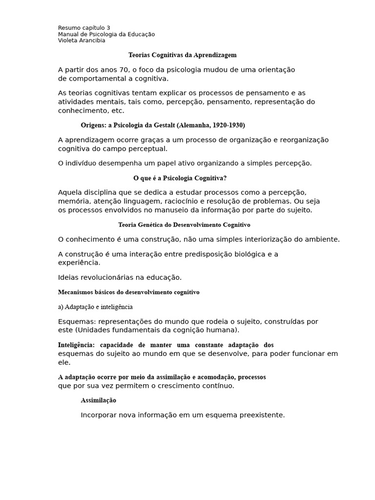 Teorias Cognitivas da Aprendizagem | PDF | Aprendizado | Pensamento