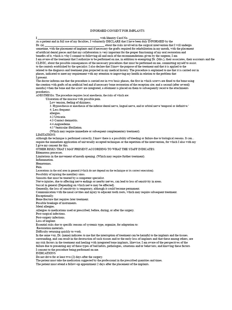 Informed Consent for Dental Implants | PDF | Dental Implant | Surgery