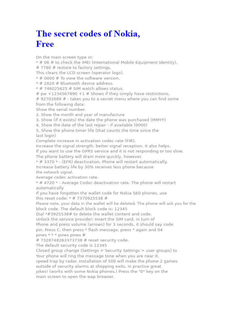 Nokia 3310 Secret Codes Guide | PDF | Computing | Telecommunications