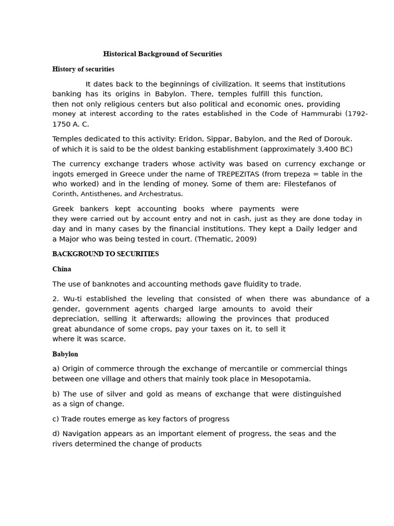 Historical Background of Securities | PDF | Banks | Money