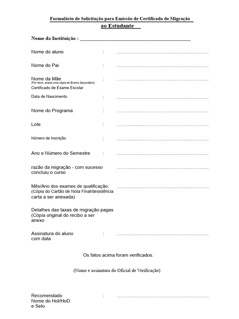 Formulário de Solicitação de Certificado de Migração | PDF