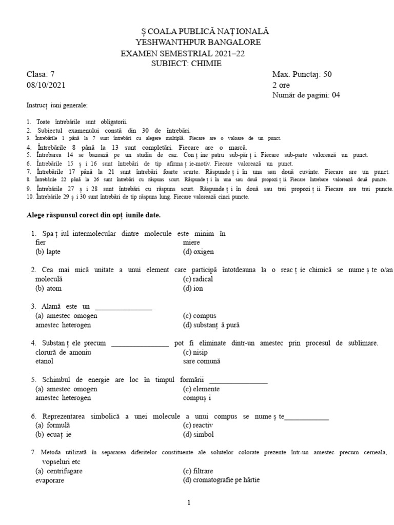 Clasa A 7-A Test de Chimie Semestrial | PDF