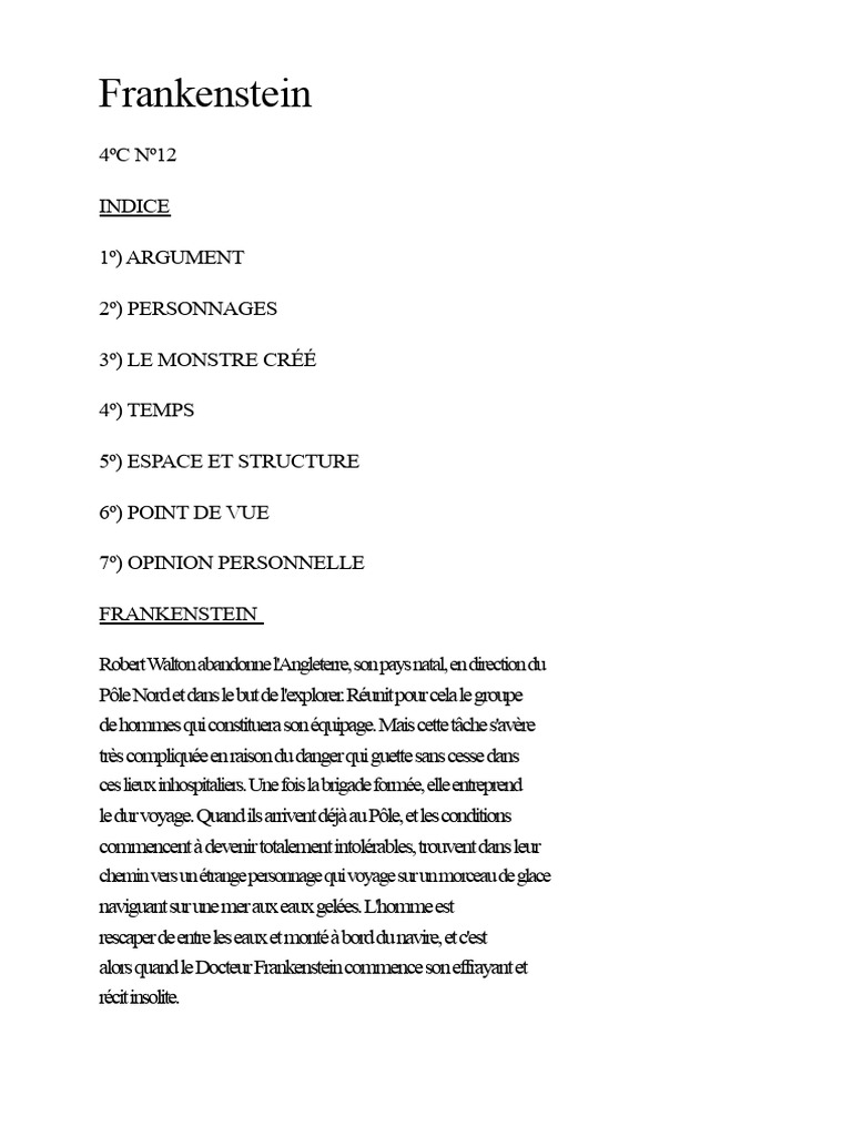 Analyse de Frankenstein : Thèmes et Personnages | PDF | Frankenstein ...