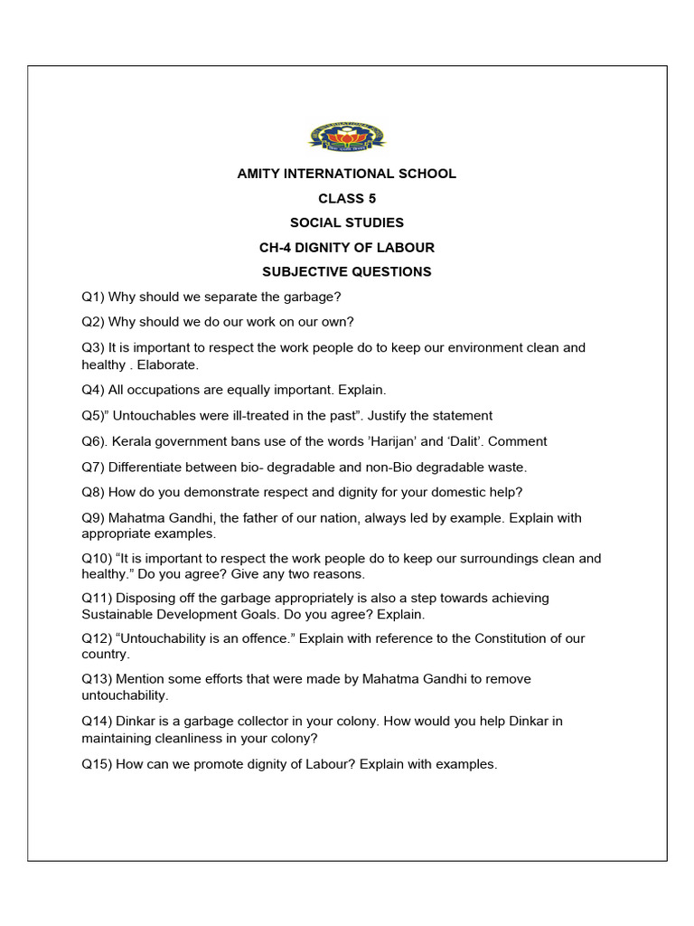 Worksheet - Ch-4 - Dignity of Labour - Subjective Questions | PDF | Dalit
