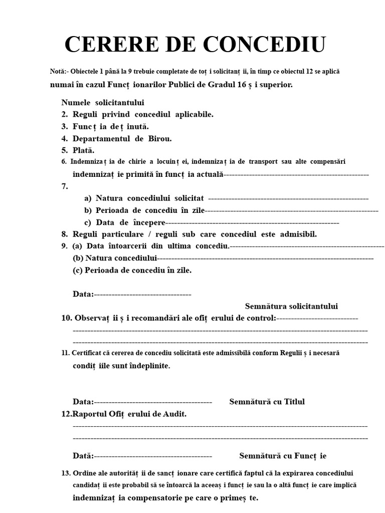Cerere Pentru Concediu Acumulat Sau Orice Alt Concediu Lung | PDF