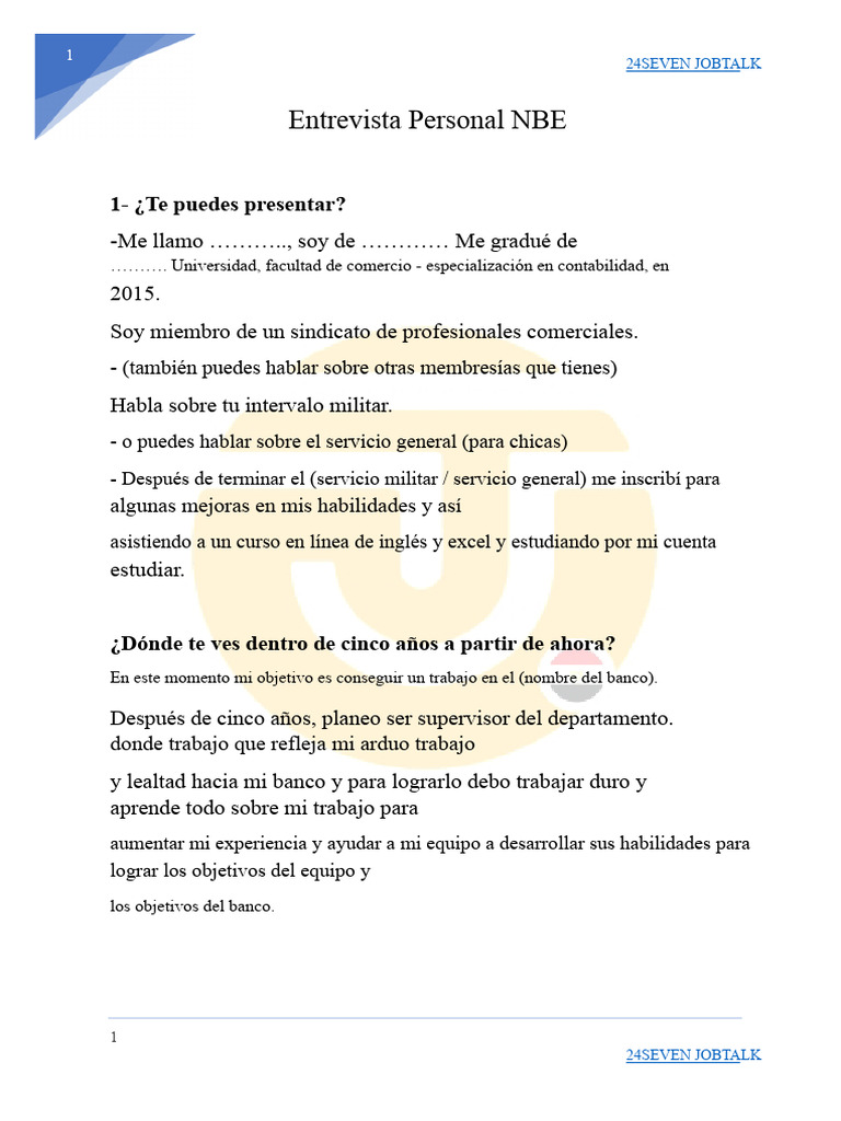 Entrevista Personal NBE en Inglés | PDF | Bancos | Cheque