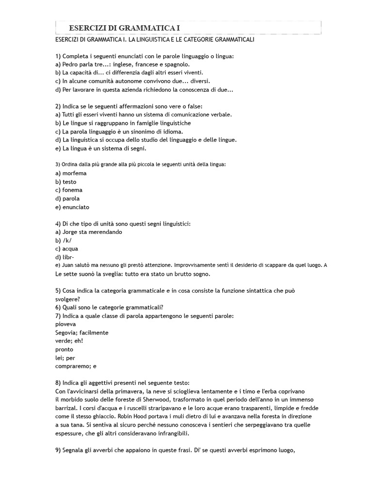 Esercizi Di Grammatica I | PDF
