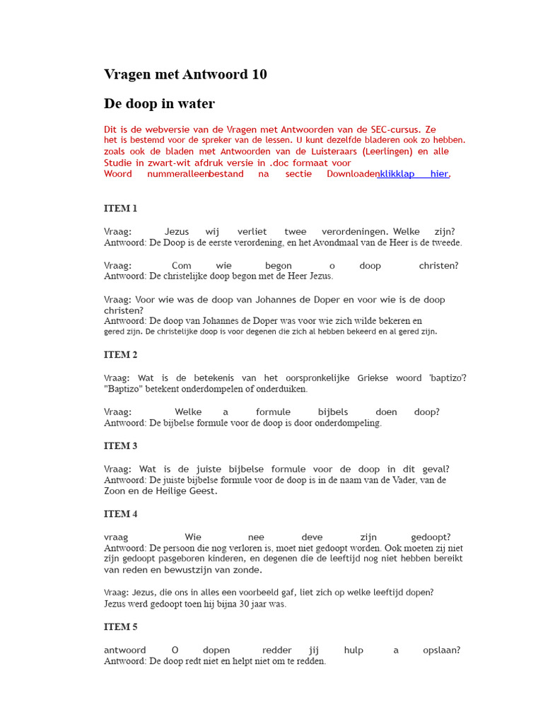 Doop Met Vragen en Antwoorden | PDF