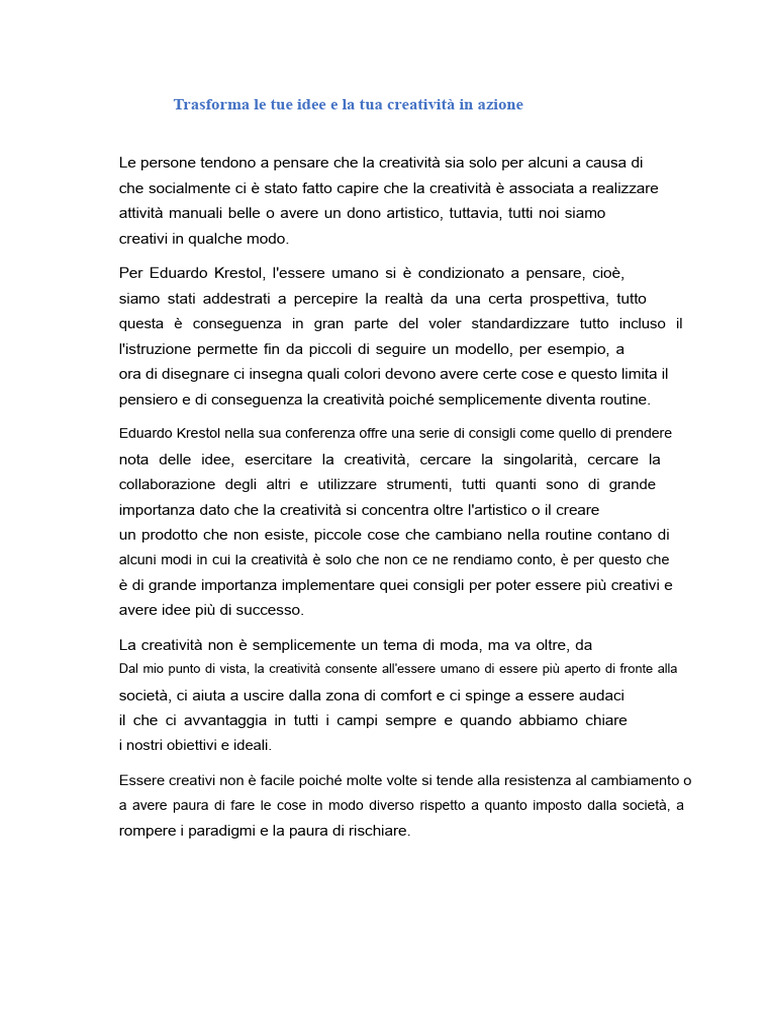 Trasforma Le Tue Idee e La Tua Creatività in Azione | PDF