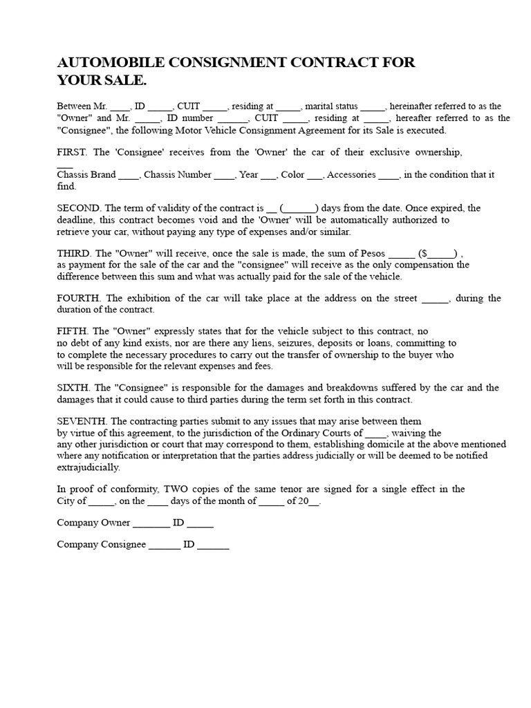 Automobile Consignment Sale Agreement | PDF