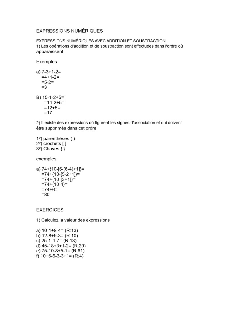 Calculs d'expressions numériques simples | PDF | Mathématiques ...