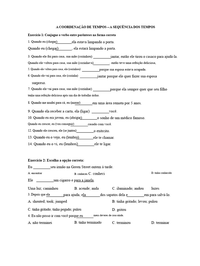Coordenação de Tempos: Exercícios de Verbos | PDF