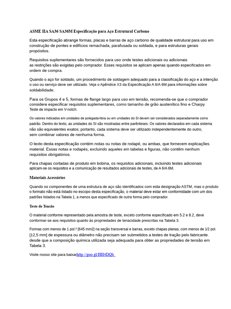 Especificação ASME IIA SA36 SA36M para Aço Estrutural de Carbono | PDF ...