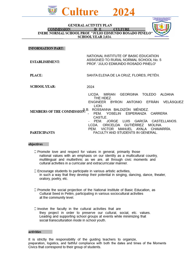 2024 Cultural Activity Plan for INEBE | PDF