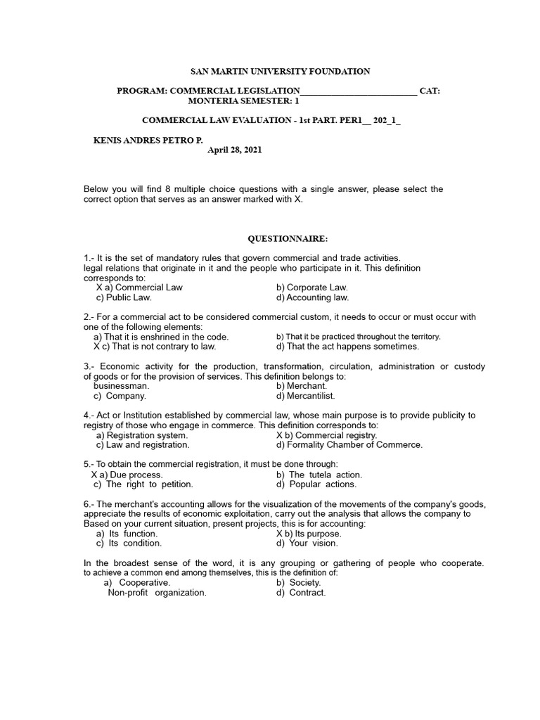 Commercial Law Evaluation Questionnaire | PDF | Multiple Choice | Business