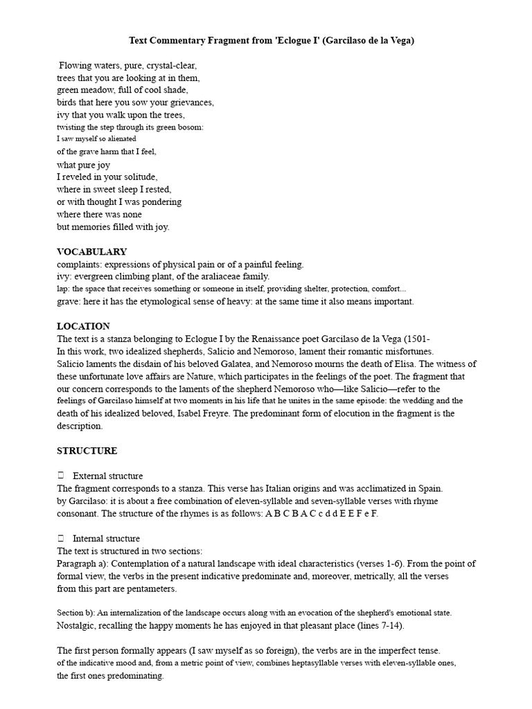 Text Commentary Fragment of The Eclogue I (Garcilaso de La Vega) | PDF ...