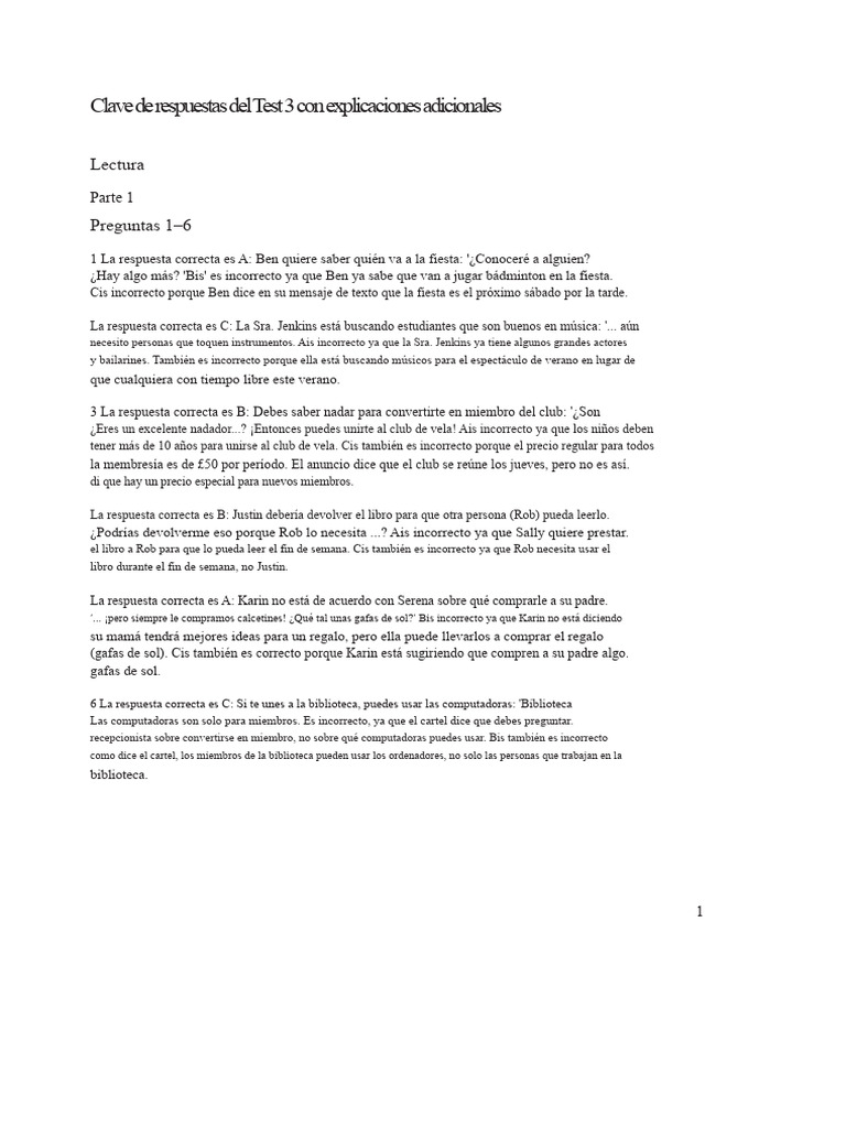Respuestas y Explicaciones Test 3 A2 Key | PDF | Adjetivo | Verbo