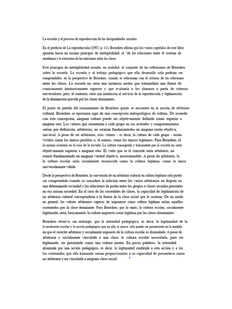 La Escuela y El Proceso de Reproducción de Las Desigualdades Sociales ...