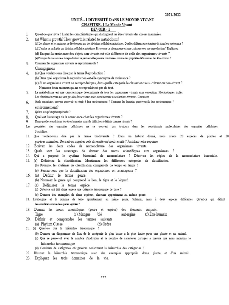 Caractéristiques des Êtres Vivants et Taxonomie | PDF | Vie | Taxonomie ...