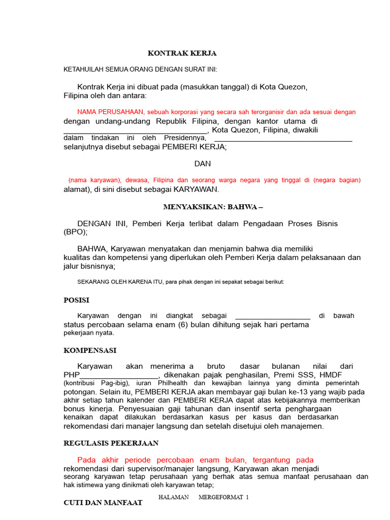 Contrak Kerja Contoh Filipina | PDF