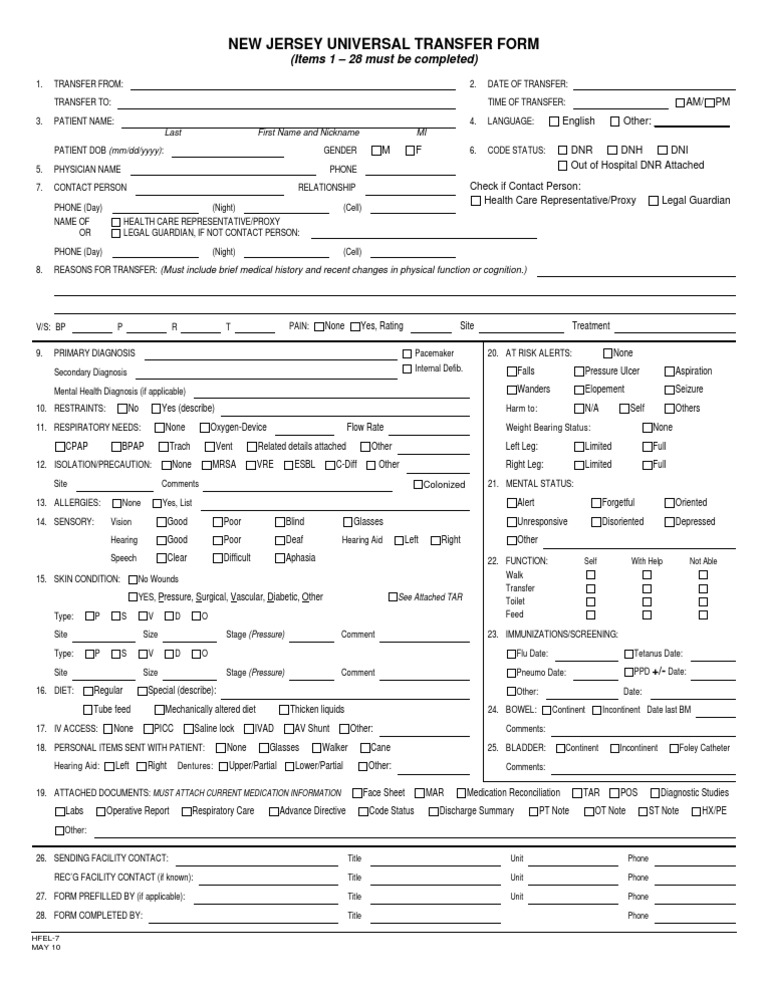 Universal Transfer Form Medical Diagnosis Health Care