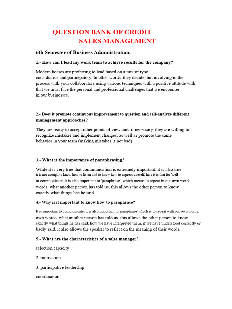 Credit Sales Management Question Bank | PDF | Sales | Leadership