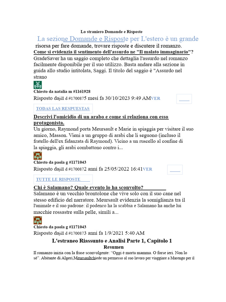 Lo Straniero Domande e Risposte | PDF