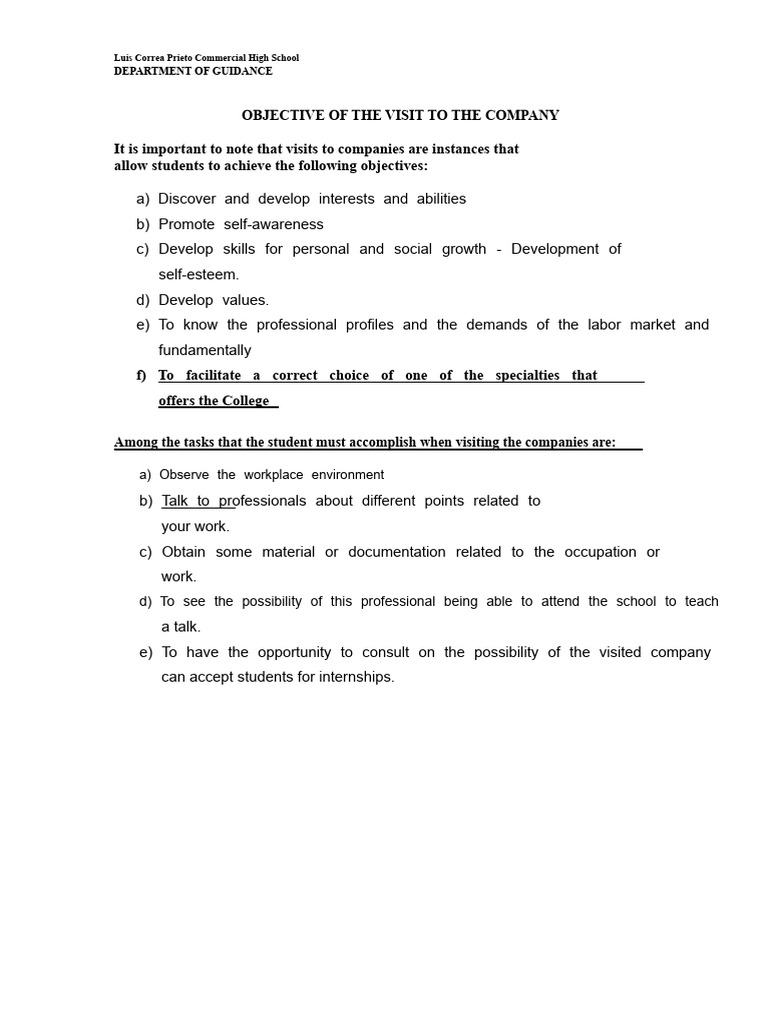 Company Visit Objectives for Students | PDF