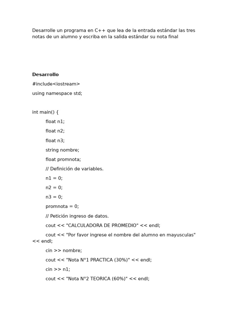 Programa C++ para calcular promedios y ecuaciones | PDF | C ...