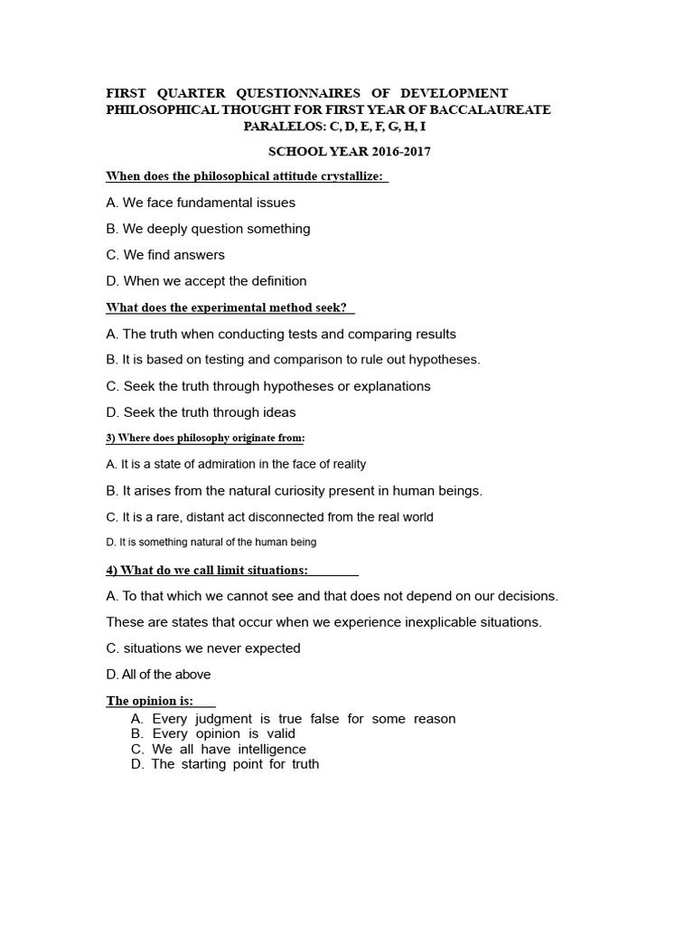 First Quarter Philosophy Questionnaire | PDF | Argument | Truth