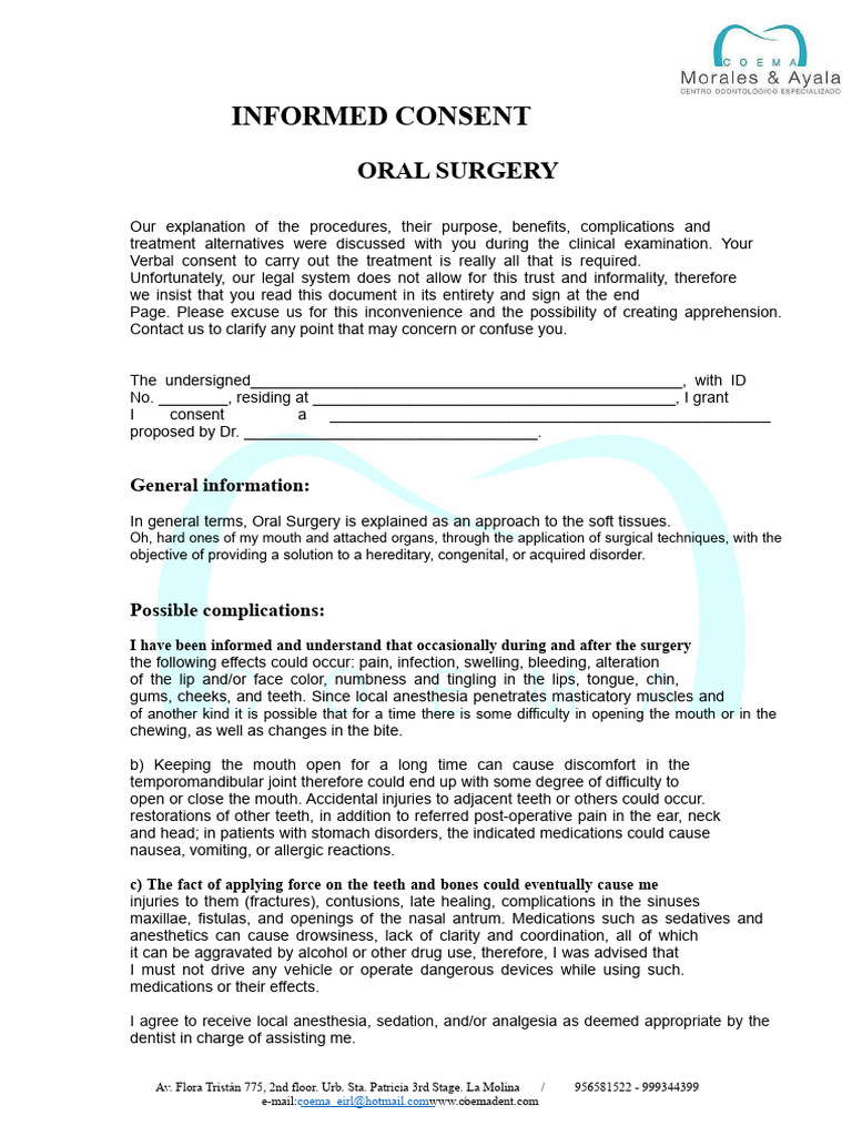Oral Surgery Informed Consent Form | PDF | Surgery | Informed Consent