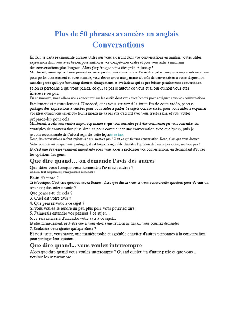 50 Phrases Avancées pour Converser en Anglais | PDF