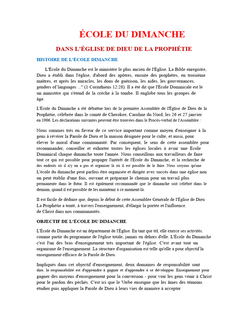 Histoire et objectifs de l'École du Dimanche | PDF | Église chrétienne ...