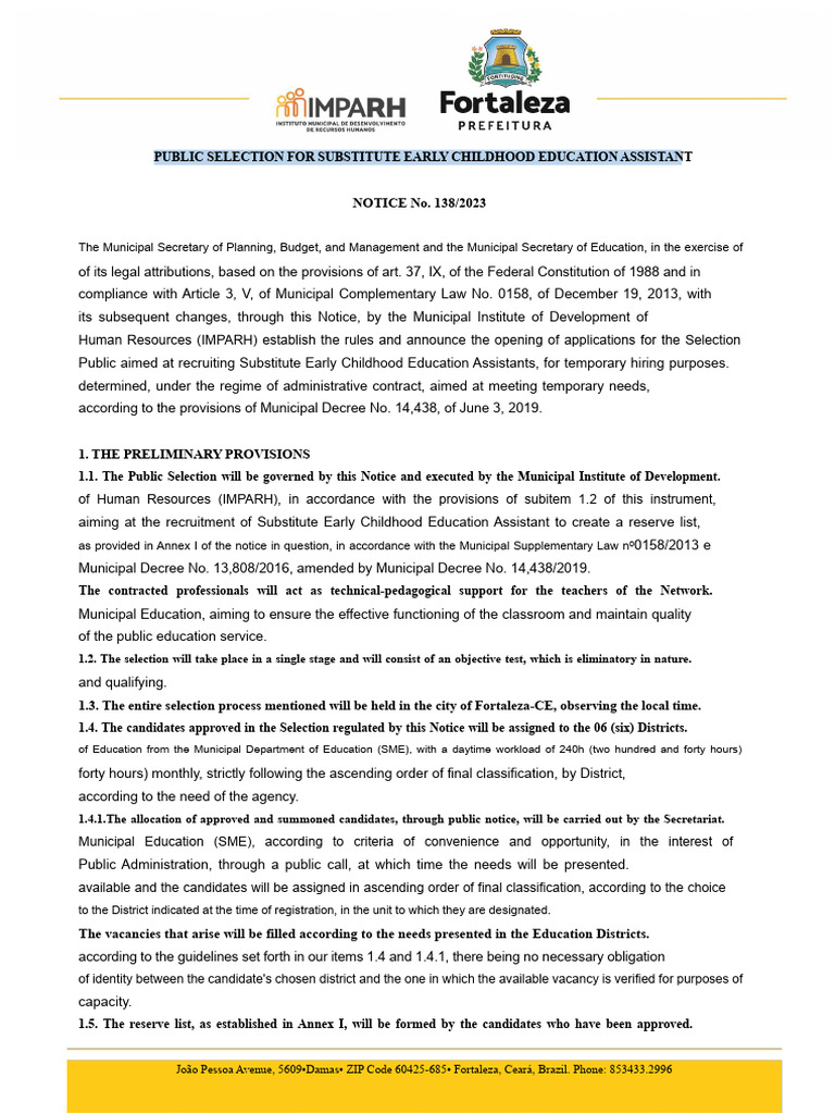Notice 138 2023 Early Childhood Education Assistant SME | PDF ...