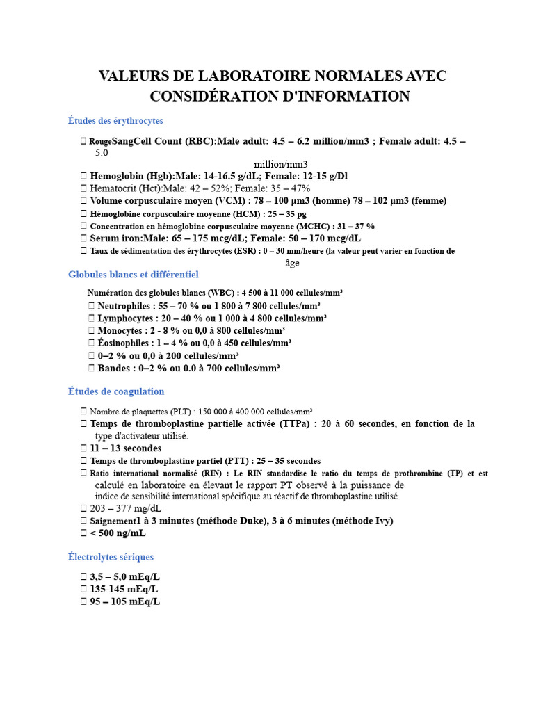 Valeurs Normales de Laboratoire Médical PDF Coagulation Tissu — free download